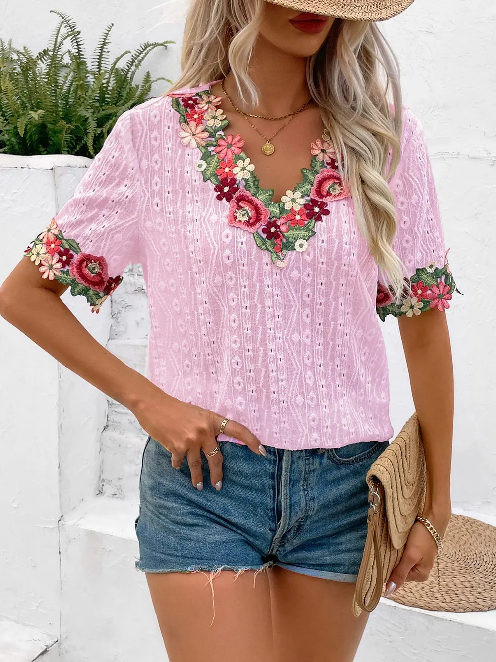 Eyelet Embroidered V-Neck Short Sleeve Blouse, image 10
