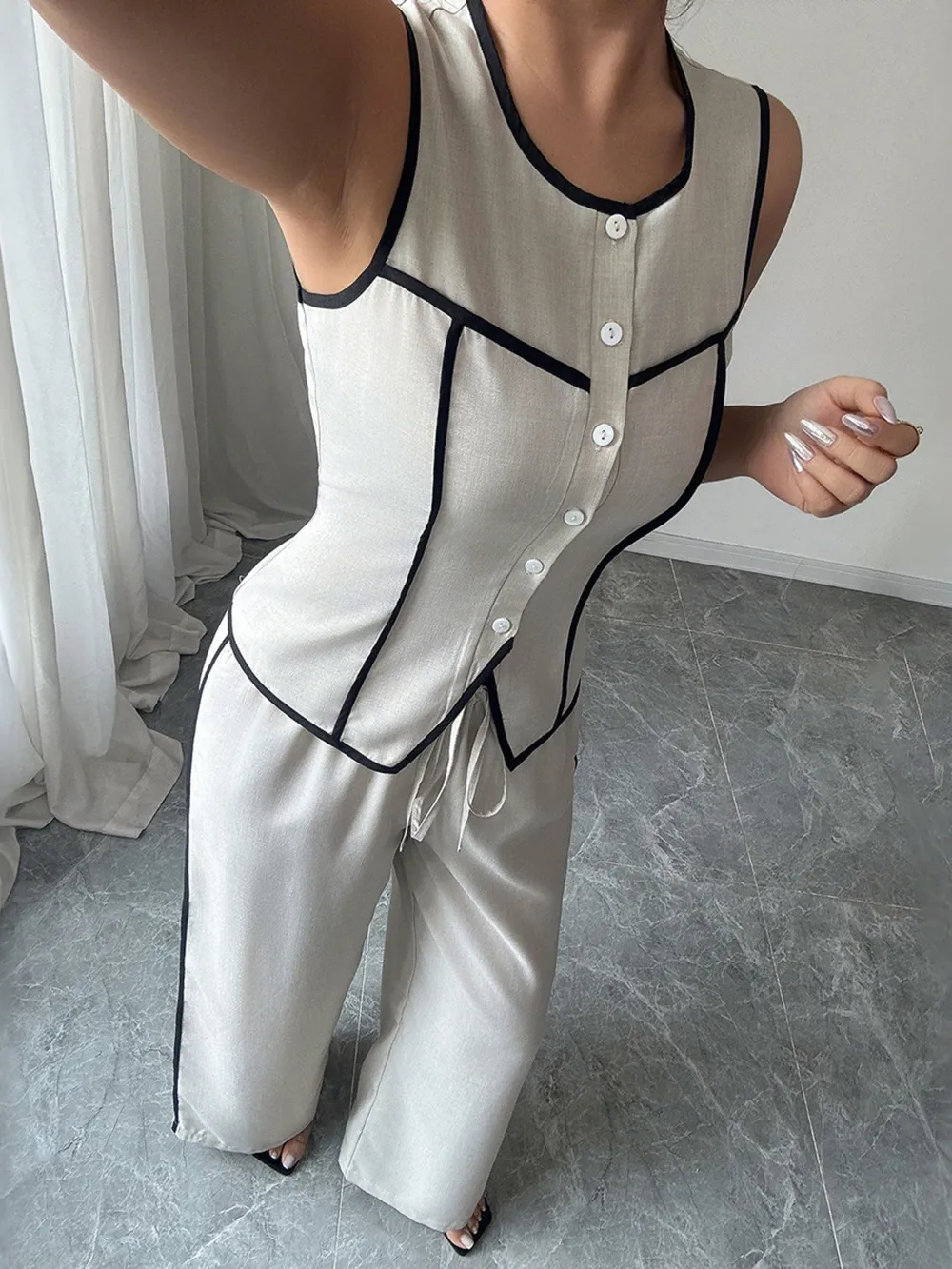 Contrast Piping Round Neck Top and Wide-Leg Pants Set, image 4