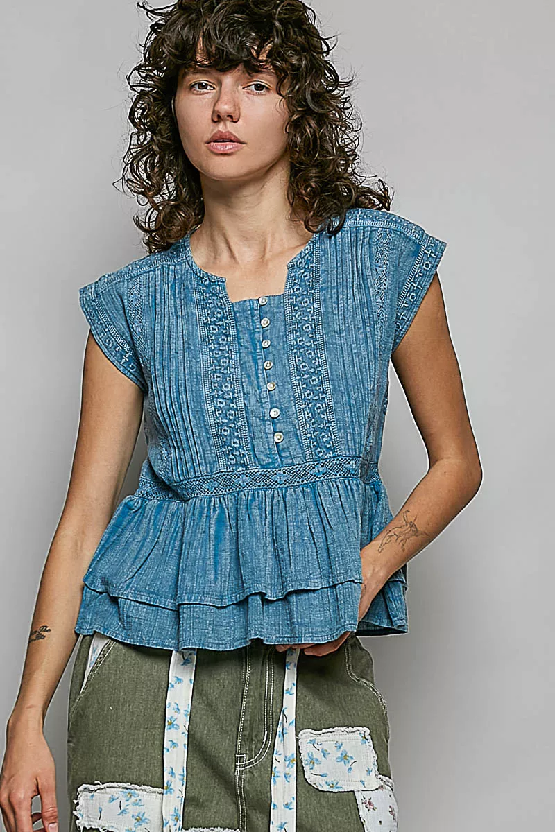 POL Eyelet Embroidery Pintuck Sleeveless Blouse