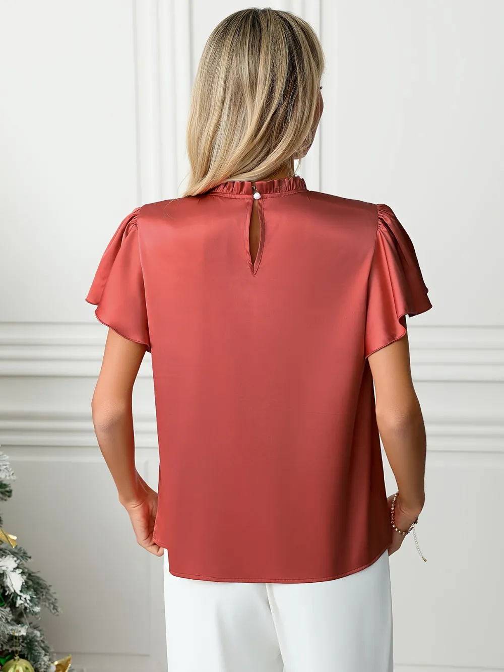 Mock Neck Flutter Sleeve Blouse, image 2