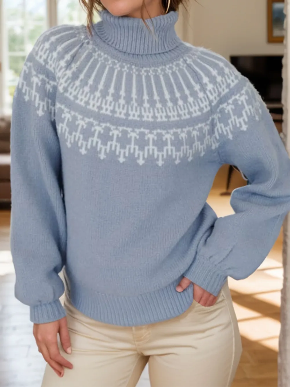 Contrast Turtleneck Long Sleeve Sweater, image 2