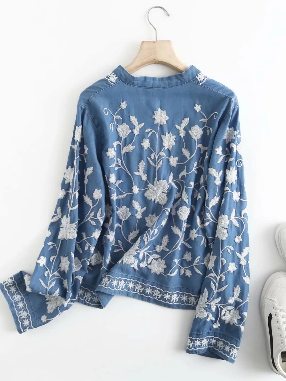 Floral Embroidered Button Up Denim Shirt, image 10