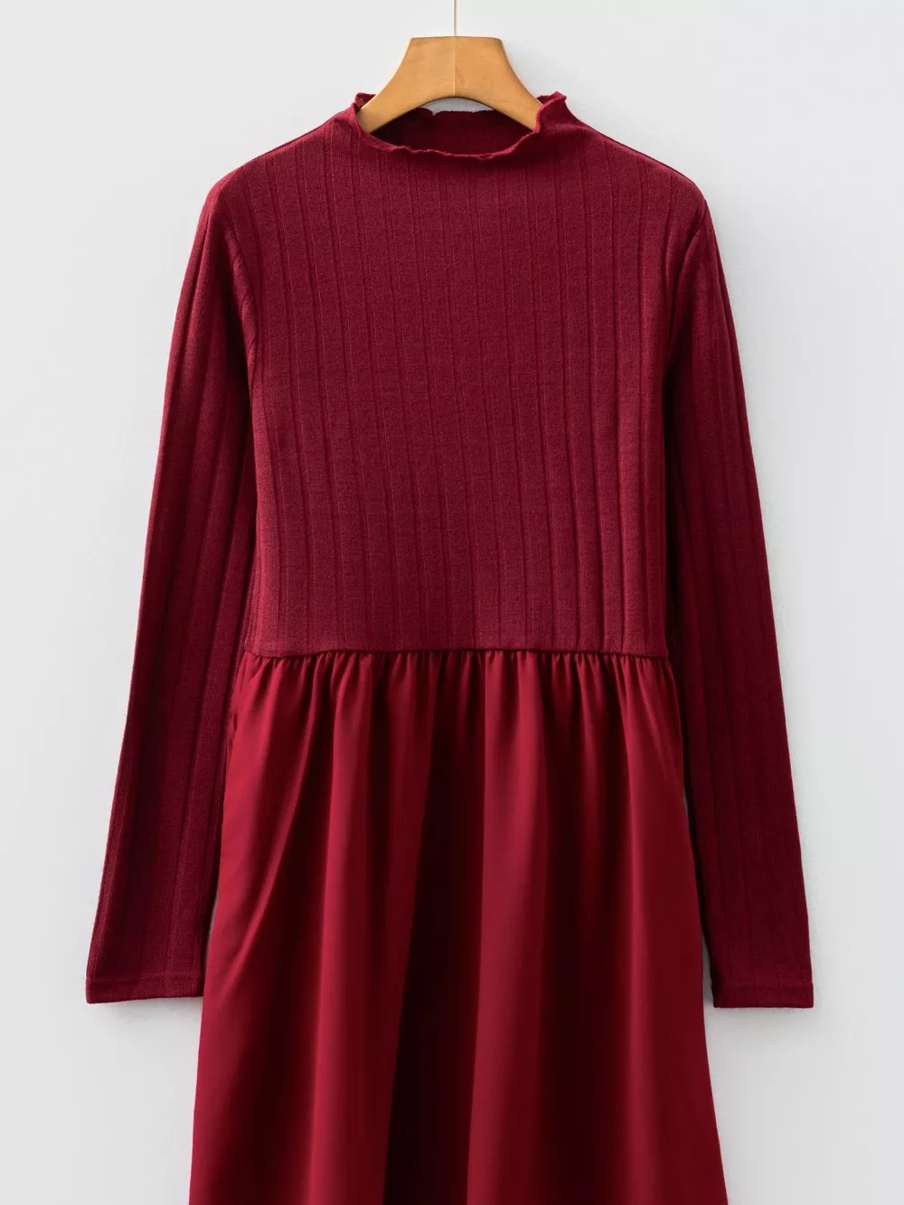 Frilled Neck Ribbed Knit Patchwork Long Sleeve Mini Dress, image 3