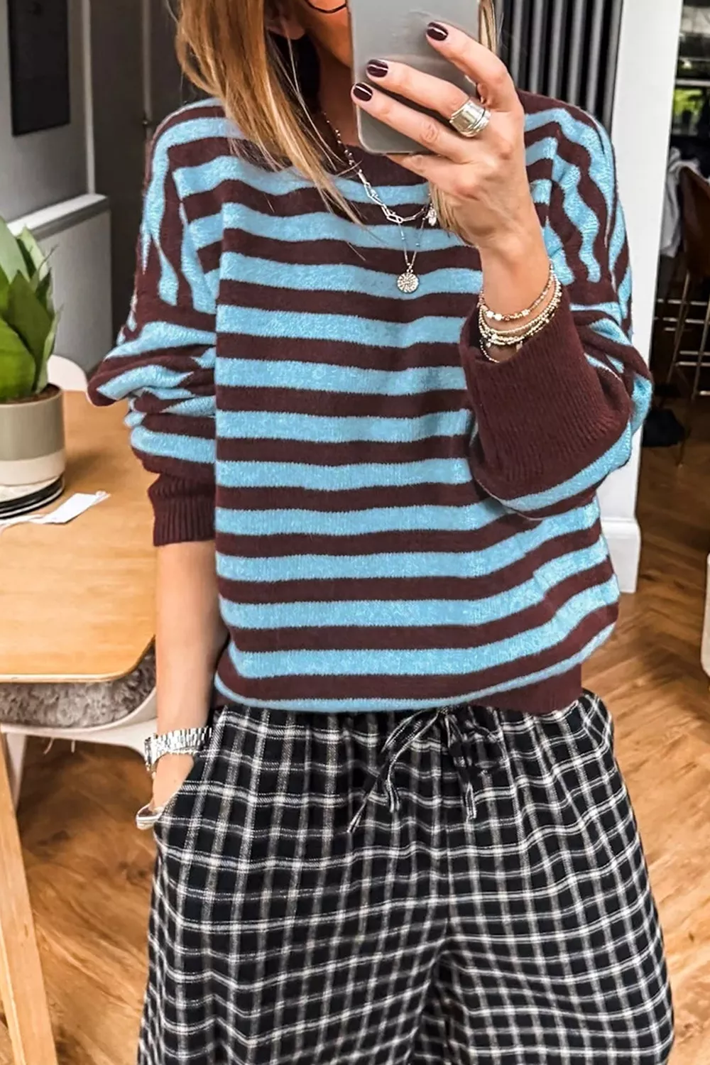 Stripe Color Block Loose Crew Neck Cuffed Sweater, image 2