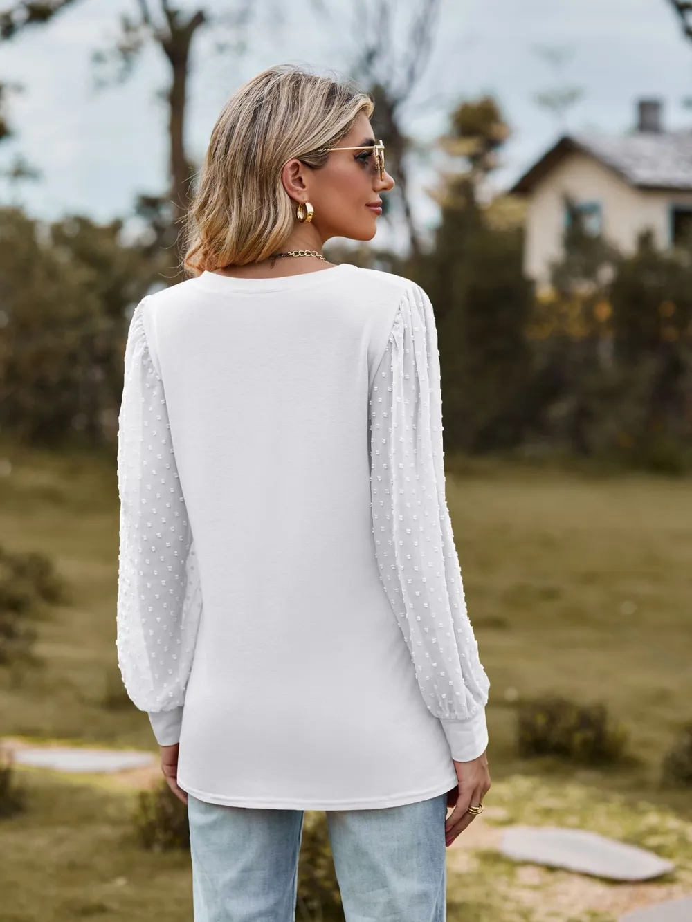 Swiss Dot V-Neck Long Sleeve Blouse, image 16