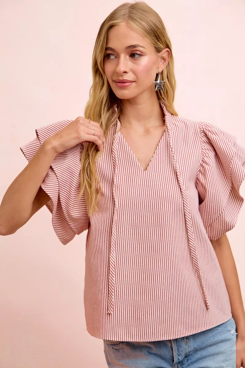 Twill Striped Ruffle Sleeve Blouse, image 2