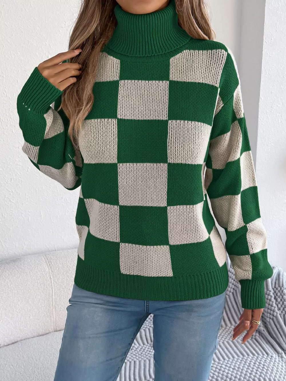 Checkered Turtleneck Long Sleeve Sweater, image 3