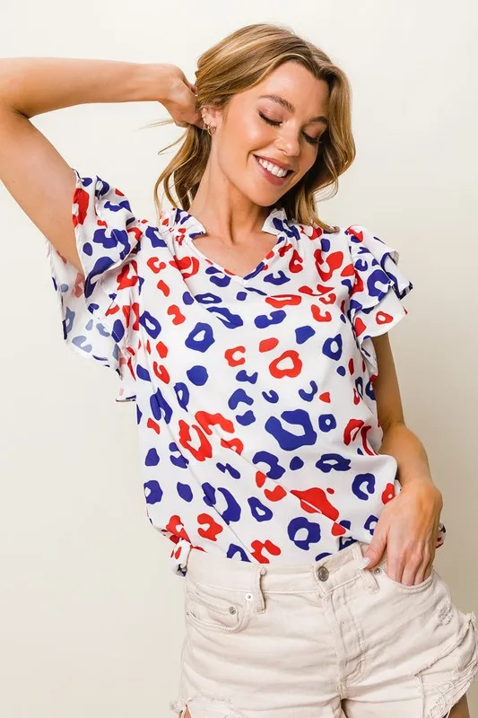 Leopard Notched Ruffled Cap Sleeve Blouse, image 4