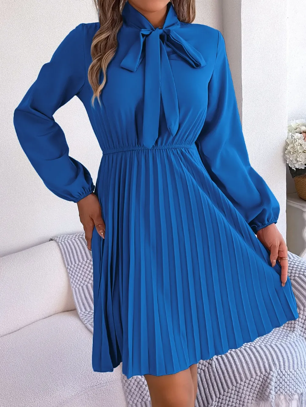 Tie Neck Balloon Sleeve Pleated Dress, image 10