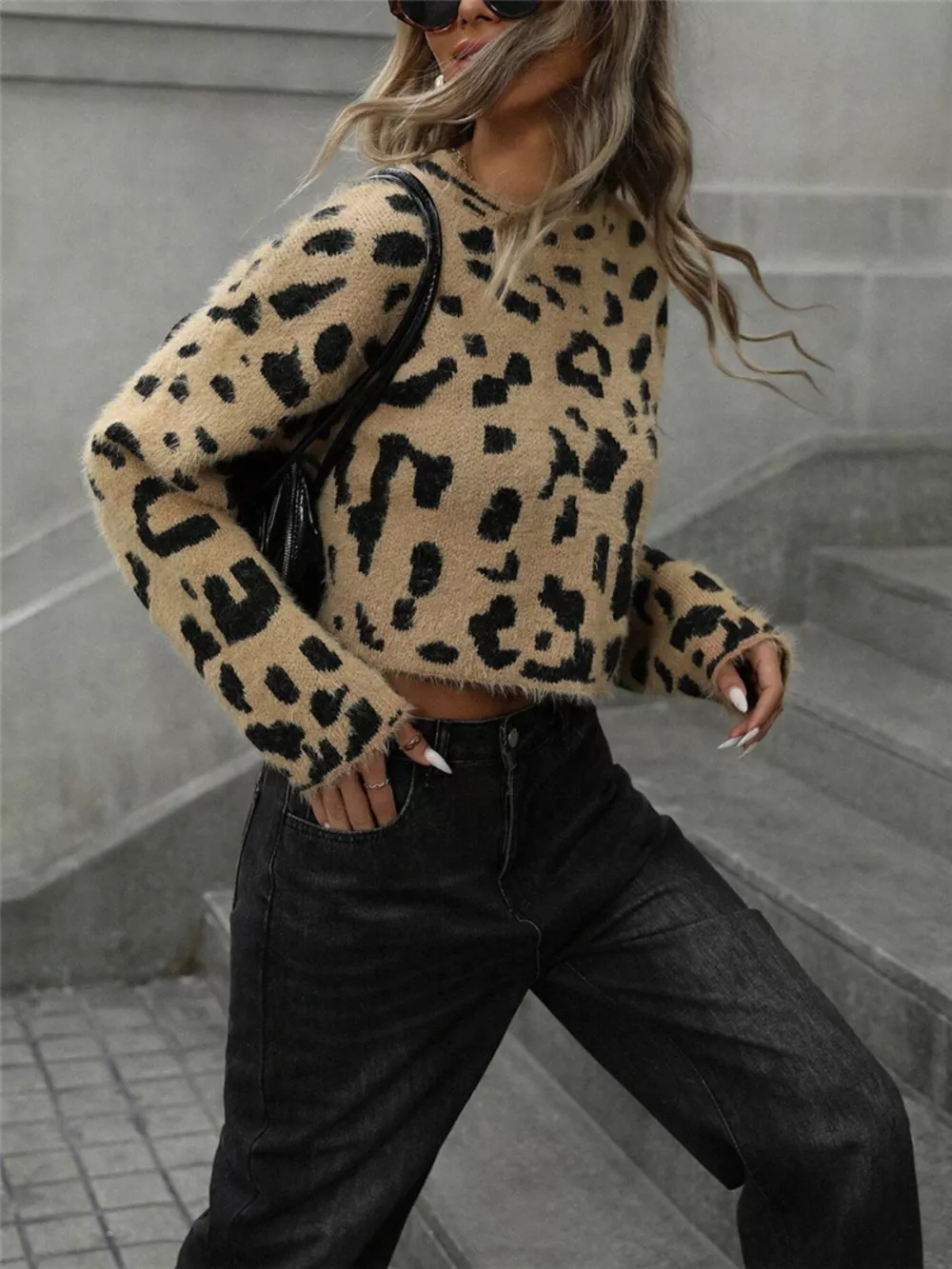 Leopard Fuzzy Knit Cropped Sweater, image 6