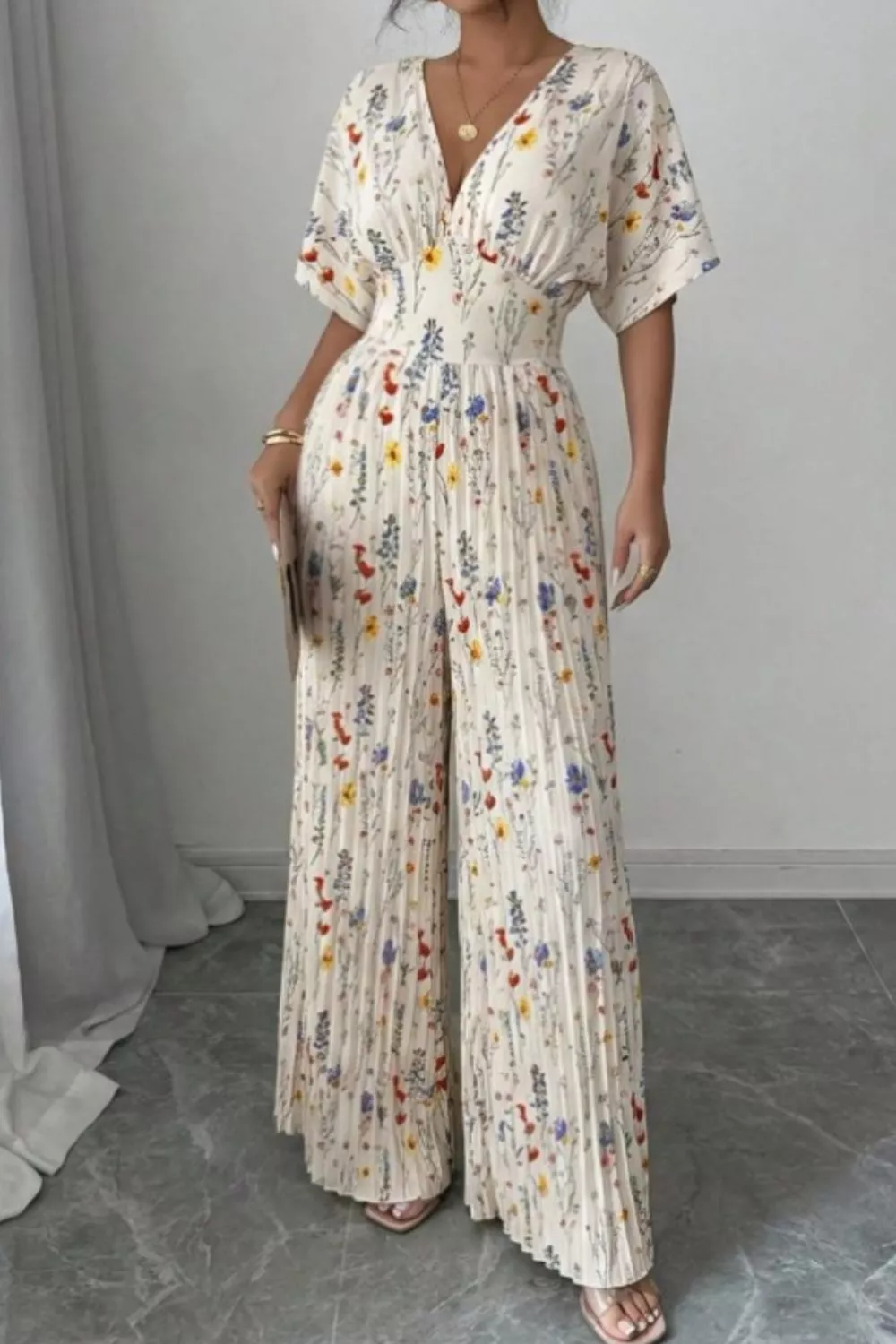 Floral Print Wide Leg Pleated Jumpsuit, image 4