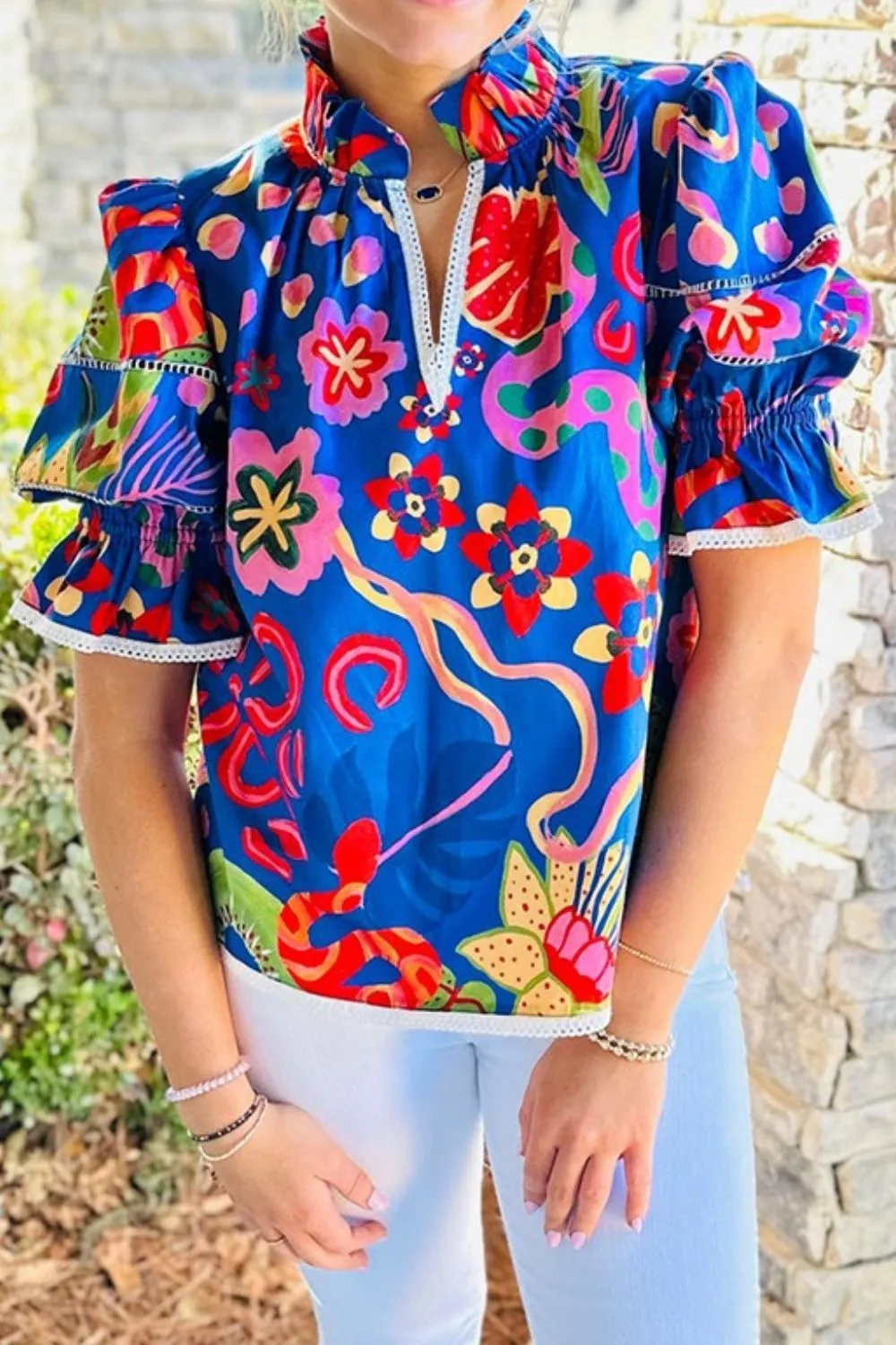 Abstract Print Frilled Collar Ruffled Puff Short Sleeve Top, image 9