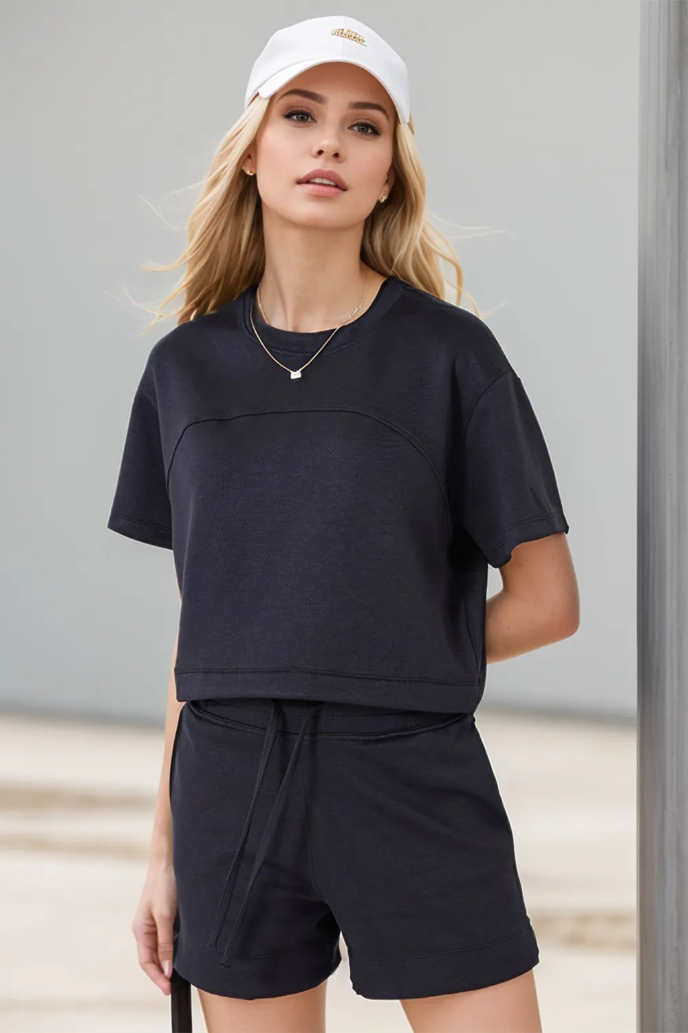 Drawstring Hem Air Scuba Round Neck Short Sleeve T-Shirt, image 11