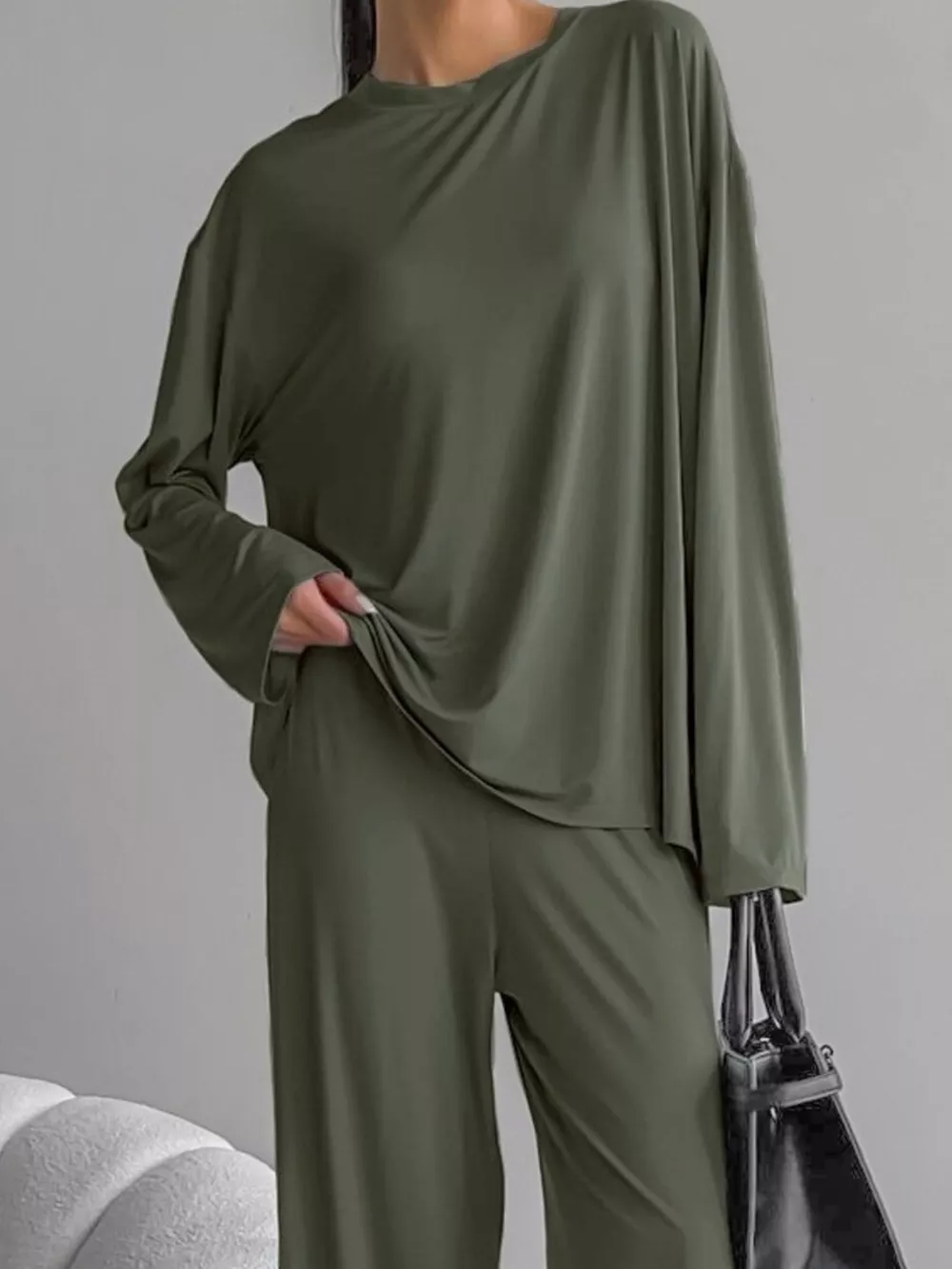 Solid Color Long Sleeve Top and Pants Set, image 9