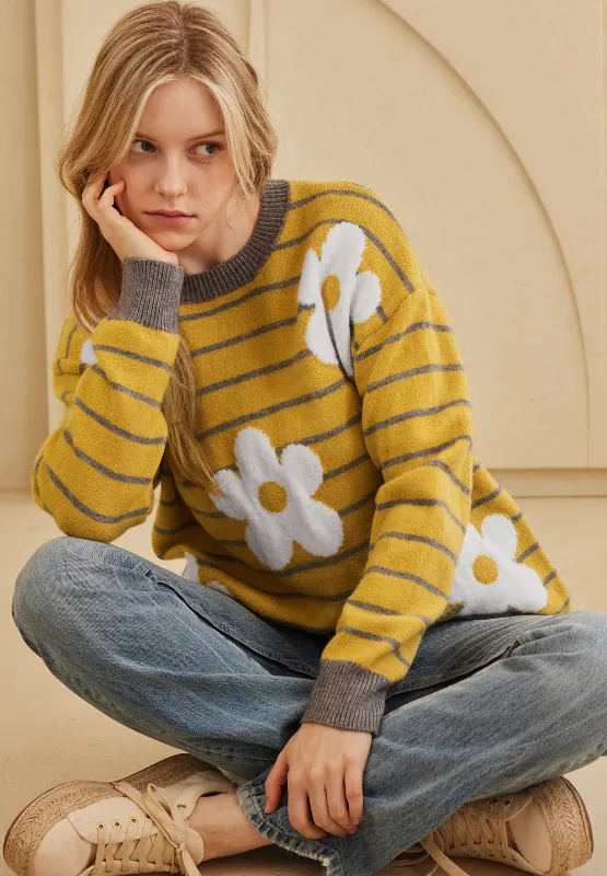 Flower Stripe Round Neck Long Sleeve Sweater, image 10