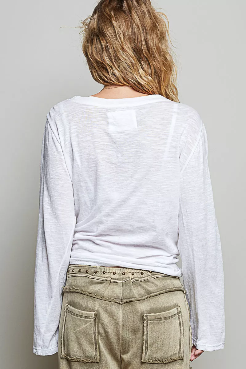 POL Contrast Hand-Stitch V-Neck Lightweight Knit Long Sleeve Top, image 10