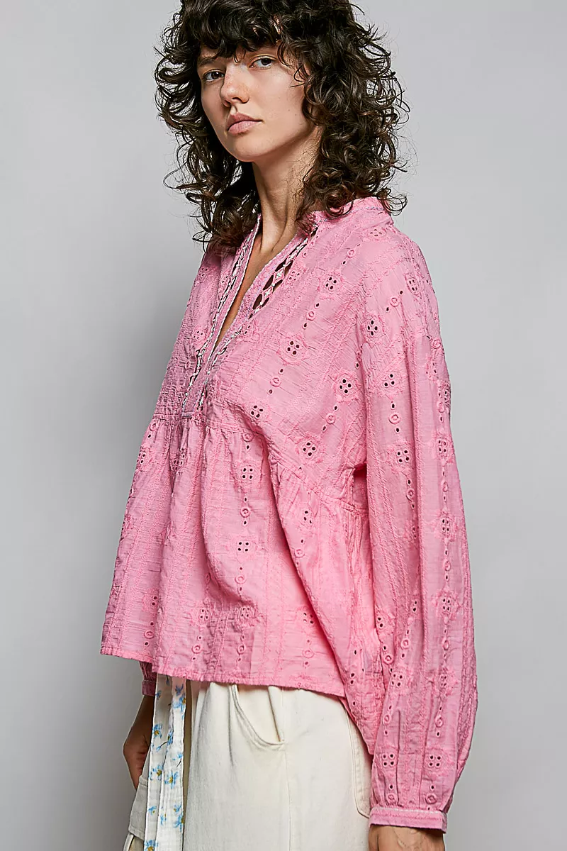 POL Eyelet Lace Split Neck Gathered Empire Waist Cotton Blouse, image 2
