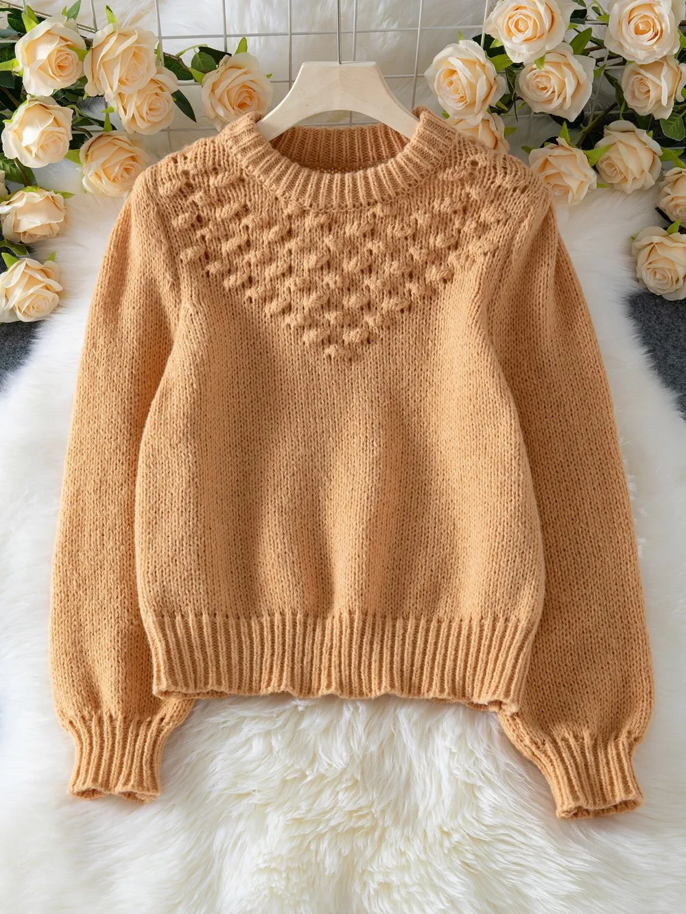 Textured Knit Round Neck Long Sleeve Sweater, image 4