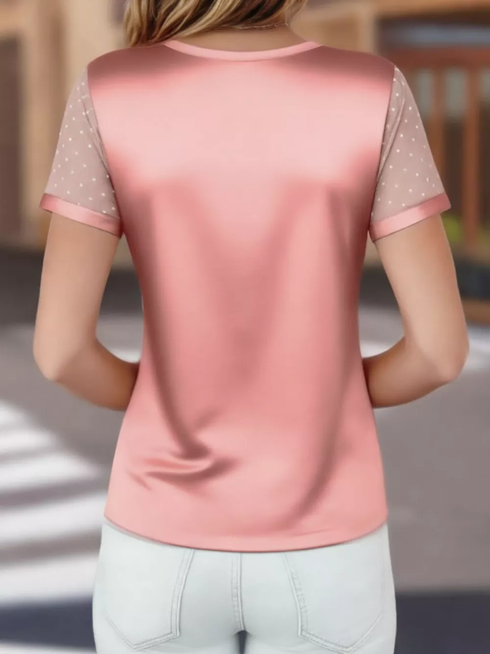 Polka Dot Mesh Sleeve Satin Short Sleeve Top, image 11
