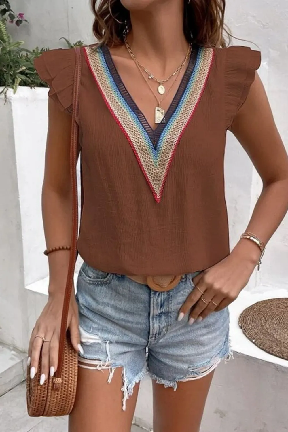 Full Size Ruffled V-Neck Cap Sleeve Blouse, image 24