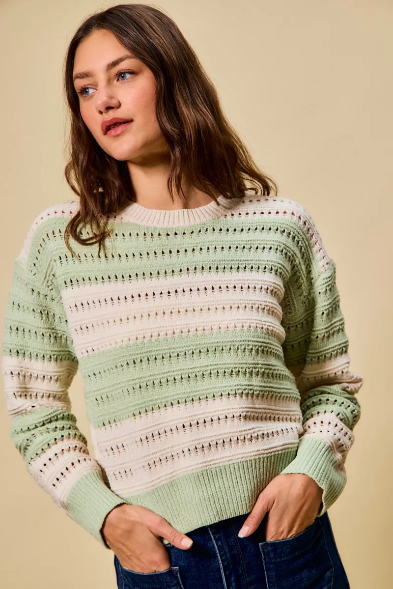 Openwork Round Neck Wide Stripe Textured Sweater, image 4