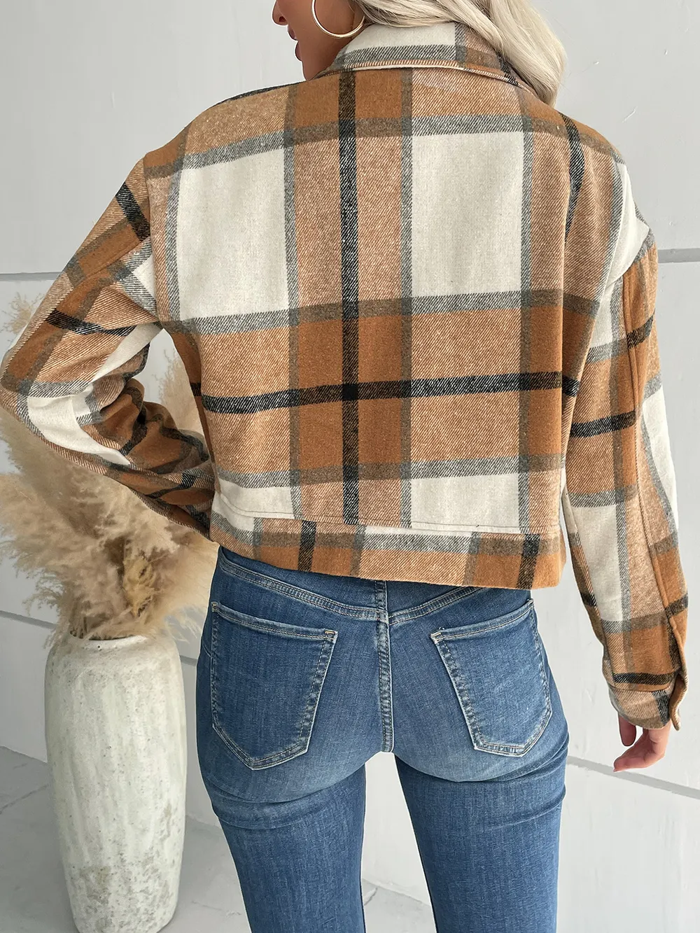 Plaid Button Up Drop Shoulder Cropped Jacket, image 29
