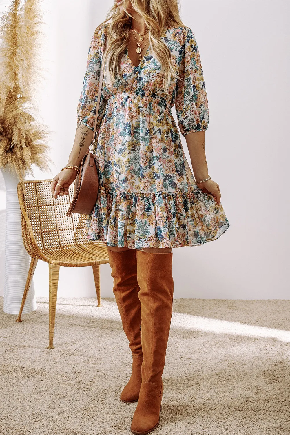 Printed V-Neck Half Sleeve Dress, image 4