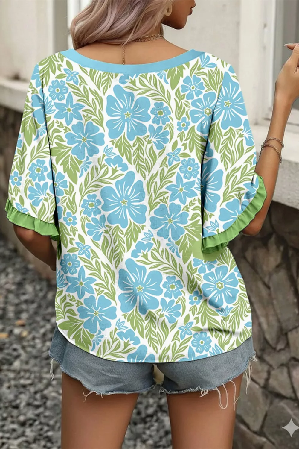 Floral Print Ruffled Color Block Trim Half Sleeve Blouse, image 2