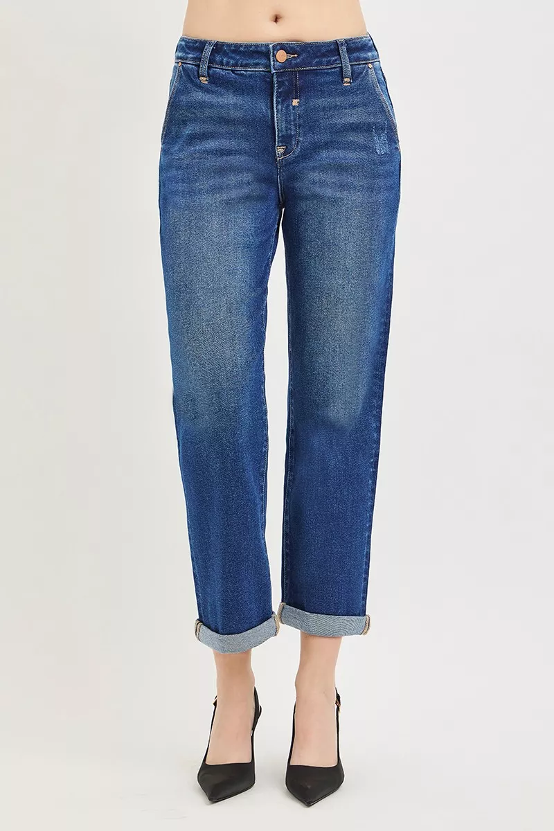 Slouchy Cropped Boyfriend Jeans with Cuffed Hem