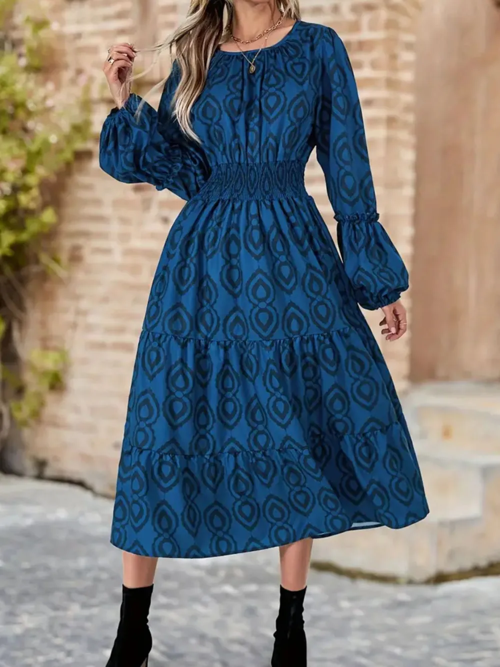Printed Round Neck Balloon Sleeve Dress, image 6