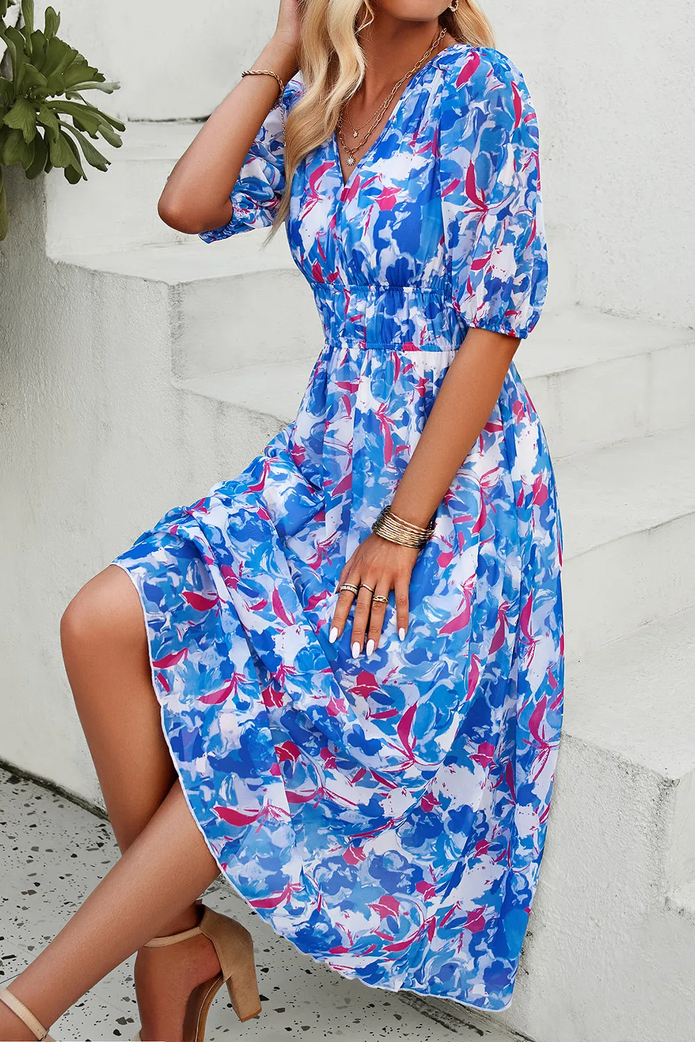 Smocked Printed V-Neck Short Sleeve Dress, image 9