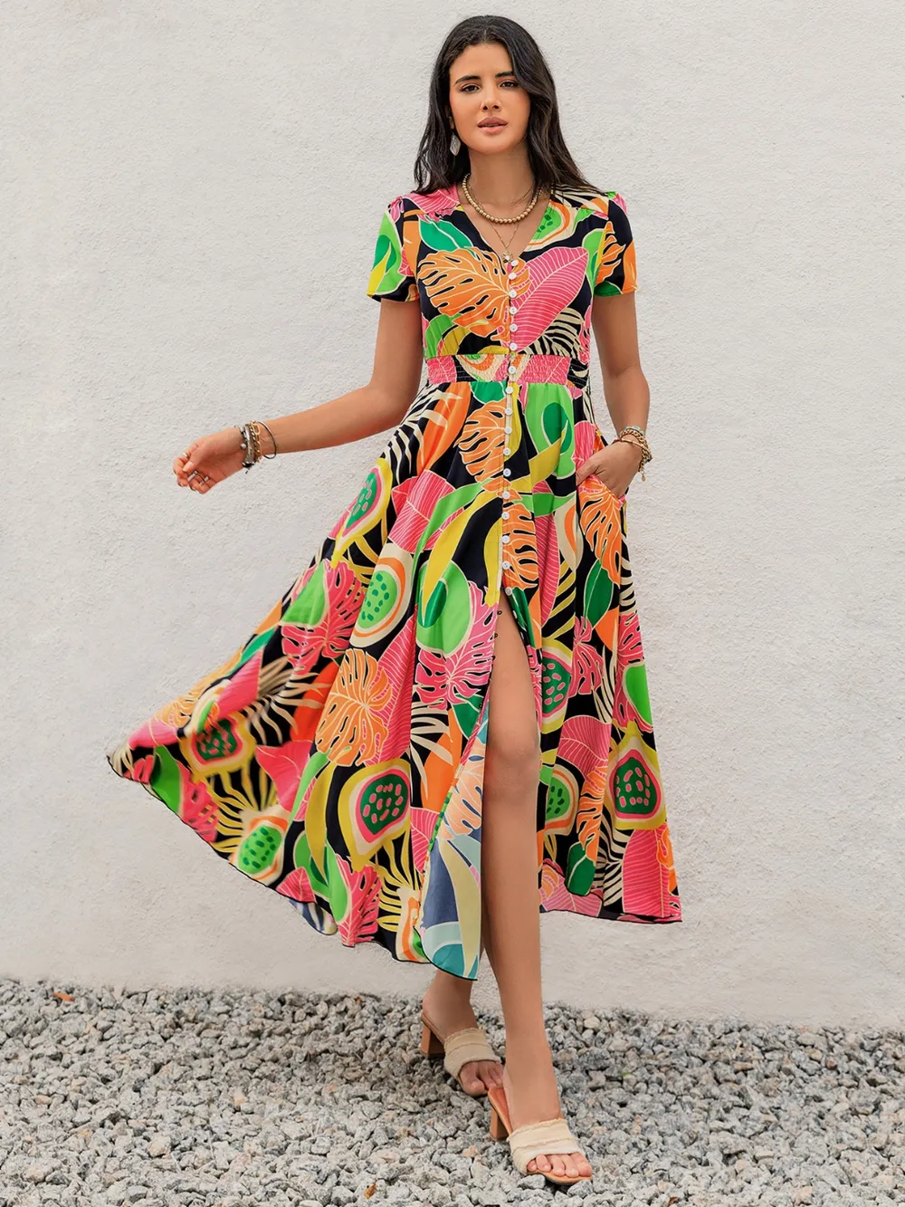 Tropical Print V-Neck Short Sleeve Midi Dress, image 3