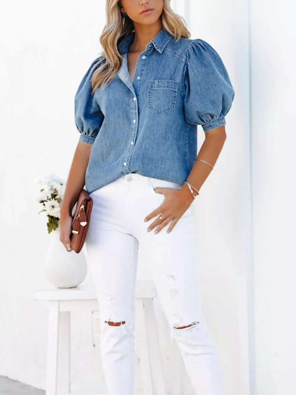 Puff Sleeve Button-Down Denim Top, image 11