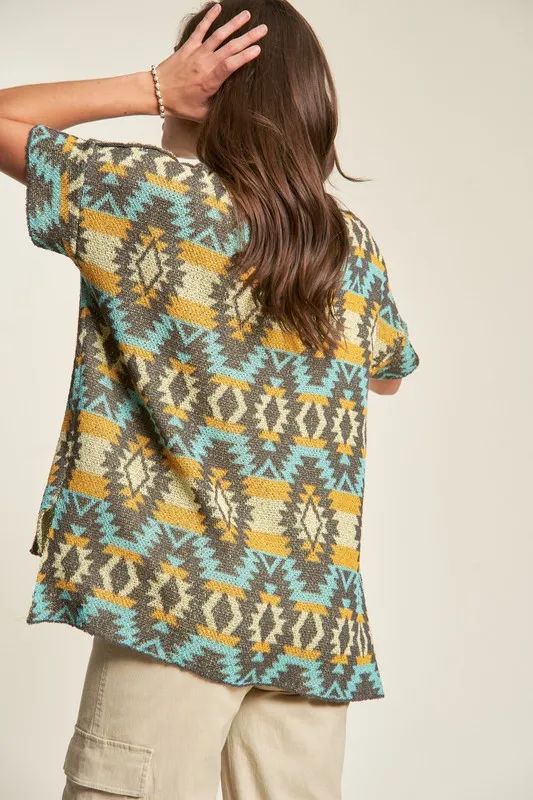High-Low Geometric Round Neck Knit Top, image 3
