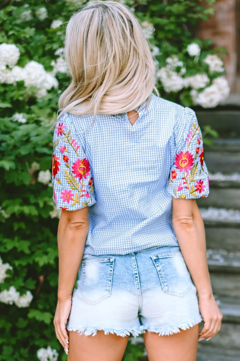 Embroidered Plaid Round Neck Short Sleeve Blouse, image 7