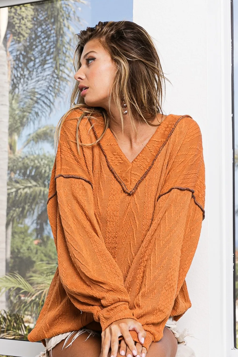 Textured Exposed Seam Drop Shoulder Knit Top, image 4