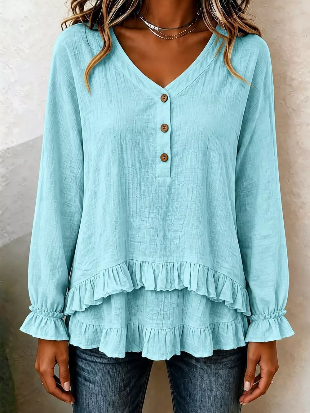 V-Neck Long Sleeve Button Detail Ruffled Hem Blouse, image 11