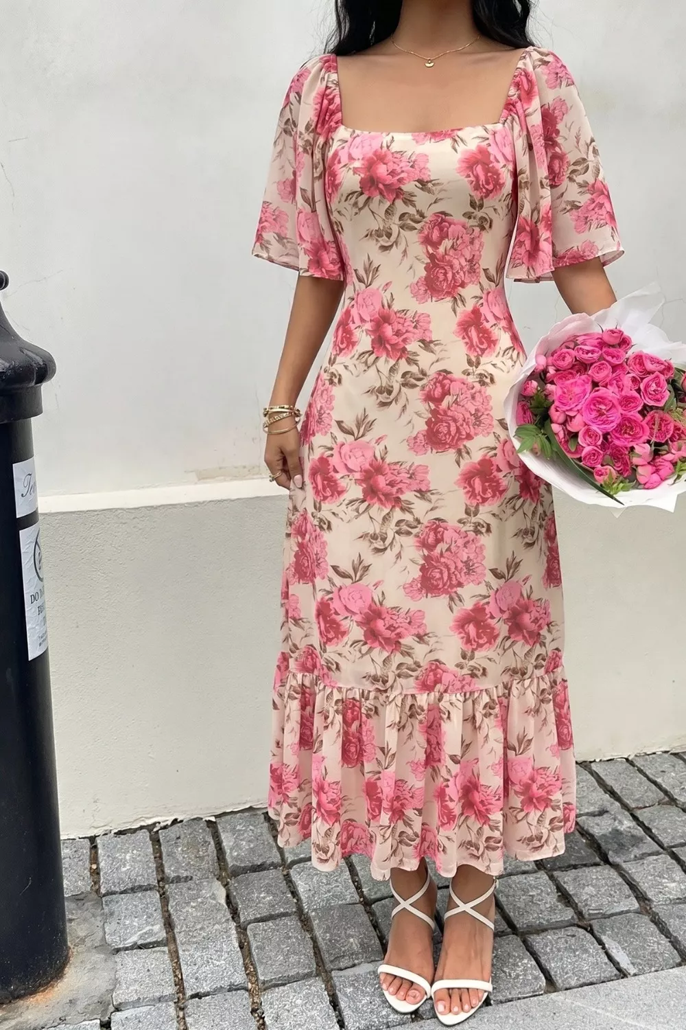 Floral Print Ruffle Hem Flutter Sleeve Dress, image 3