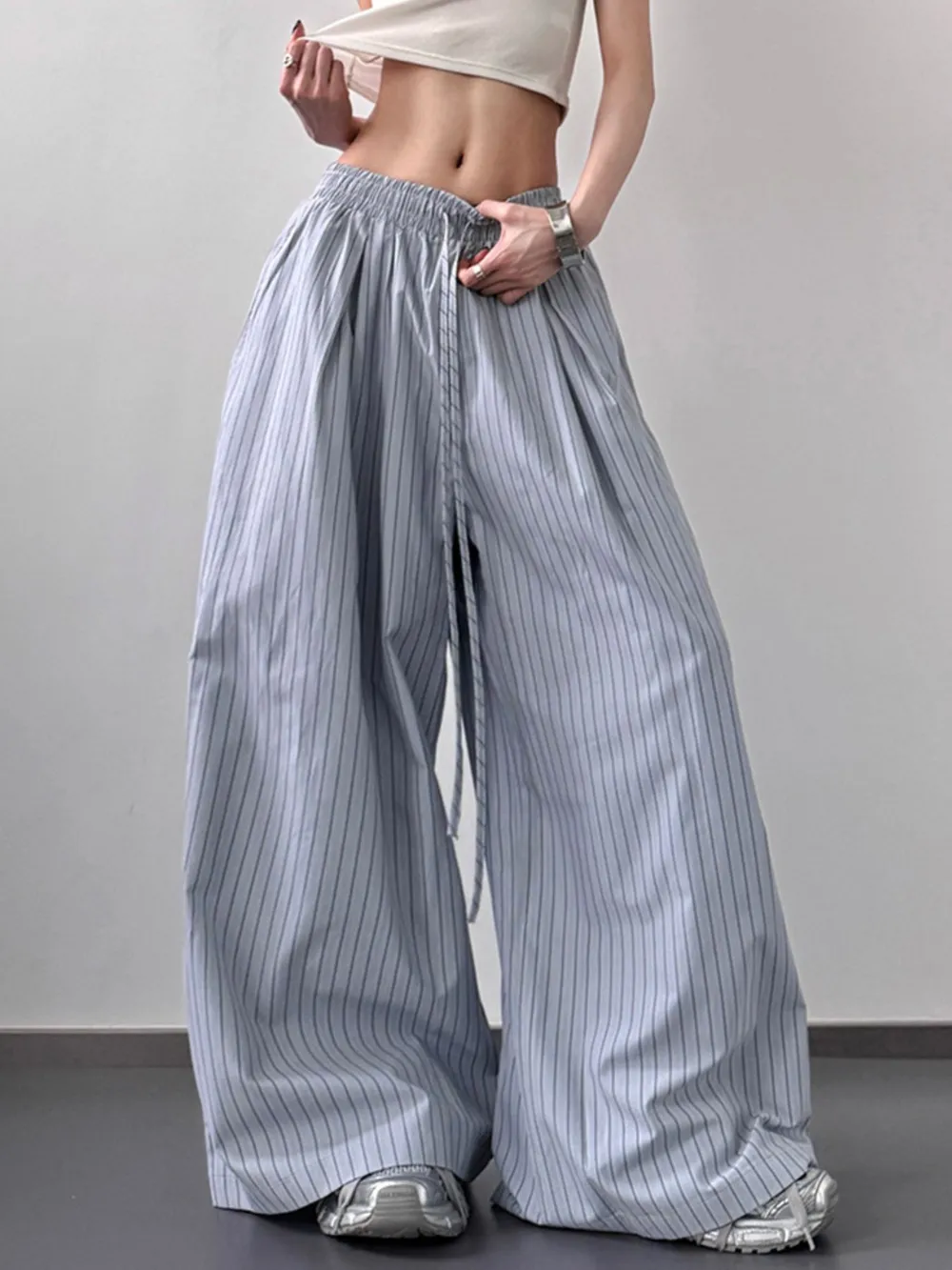 Striped Wide Leg Drawstring Pants, image 2