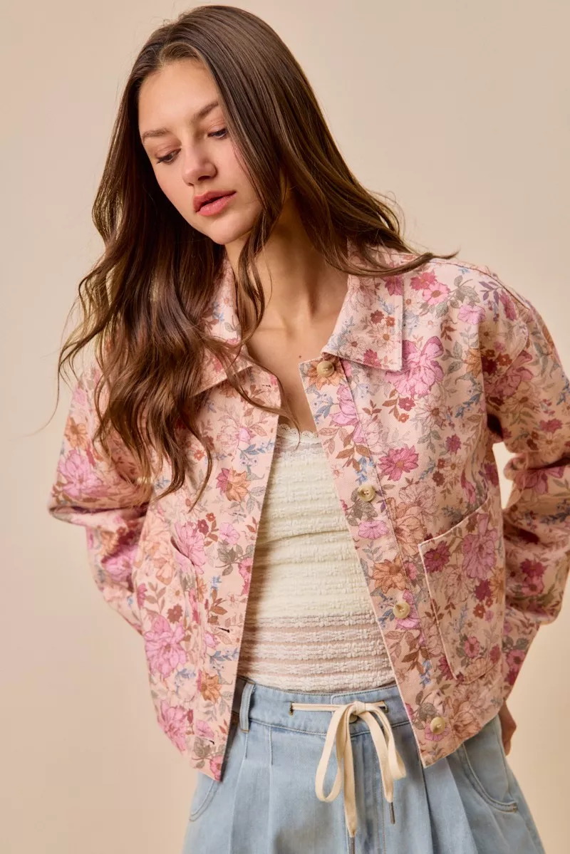 Floral Print Cotton Twill Button Down Barn Jacket, image 2