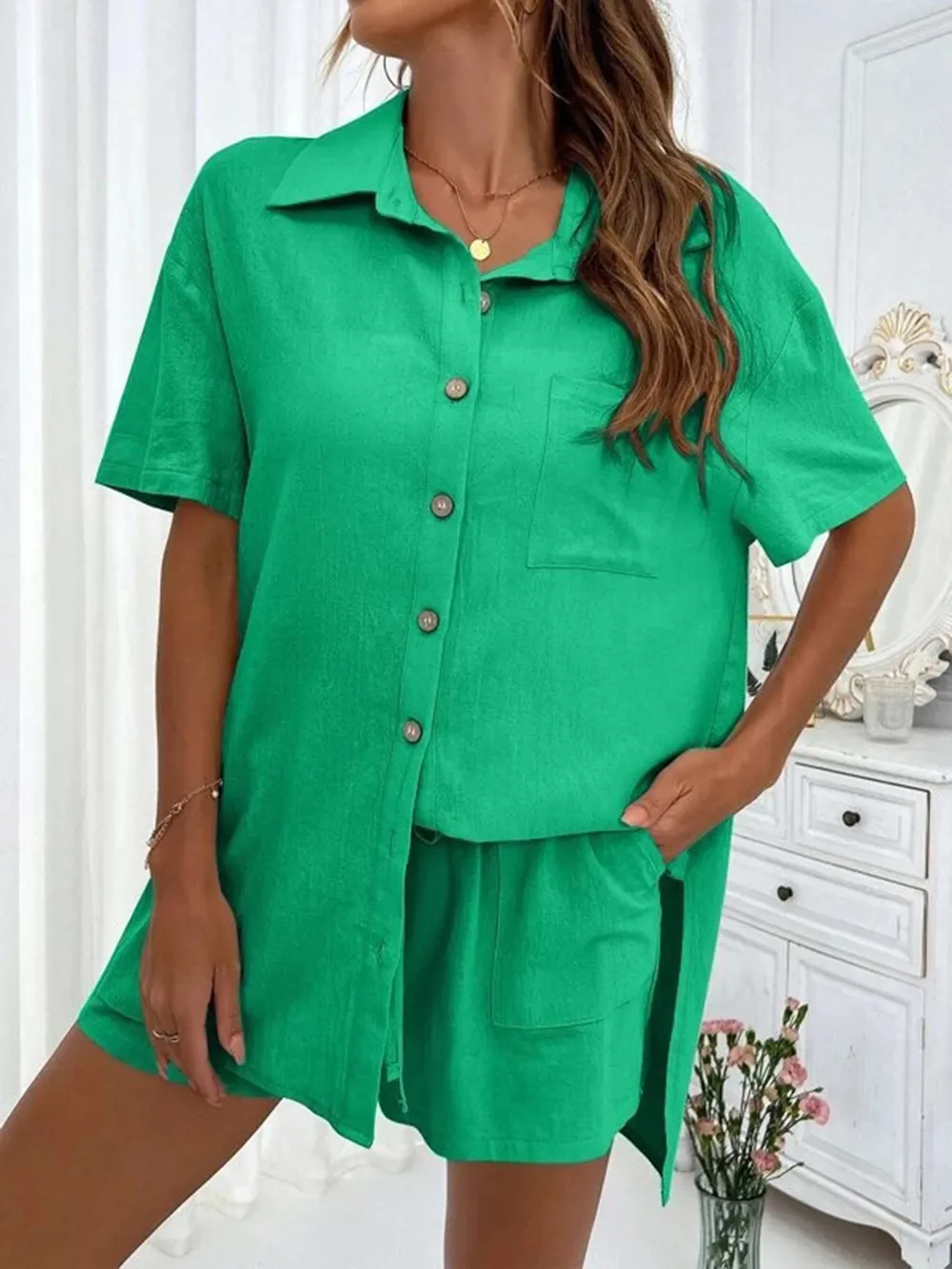 Button Up Shirt and Drawstring Shorts Set, image 28