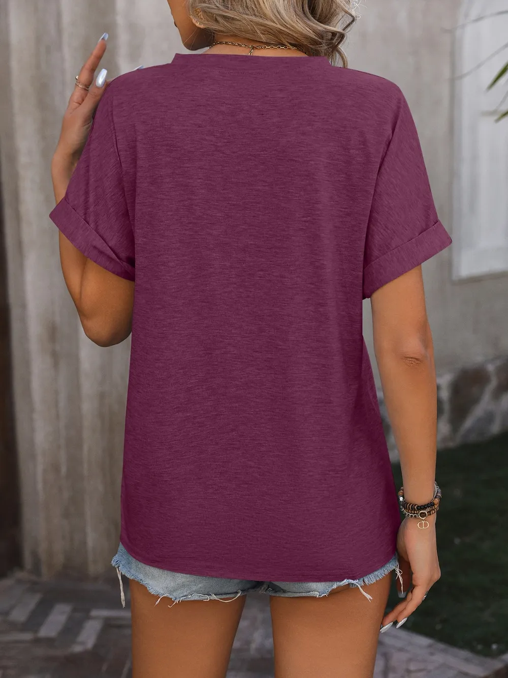 Notched Buttoned Short Sleeve T-Shirt, image 20