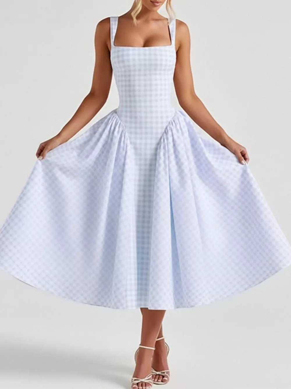 Full Size Plaid Square Neckline Midi Dress Plus Size, image 8