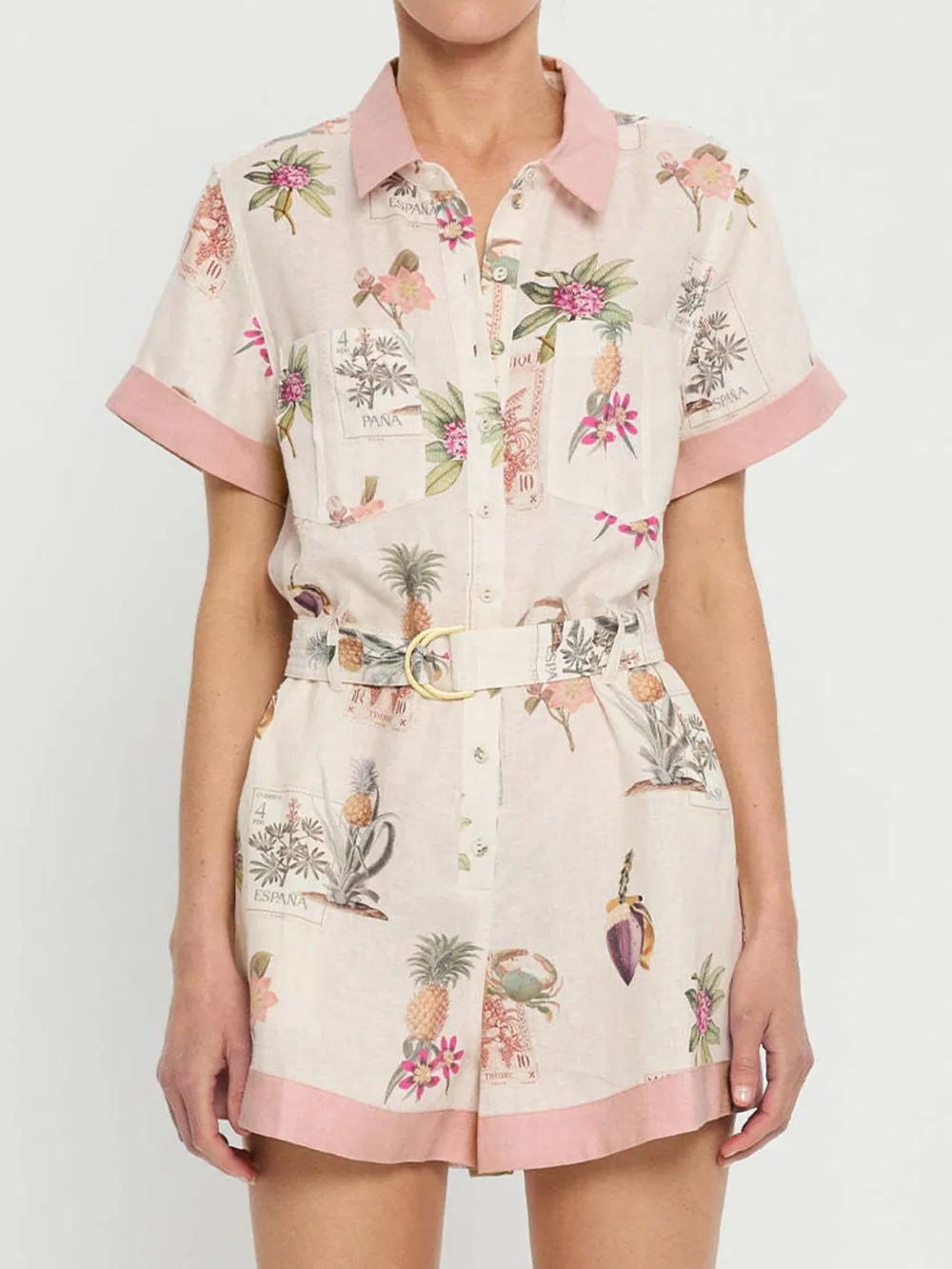 Printed Short Sleeve Romper with Belt, image 7