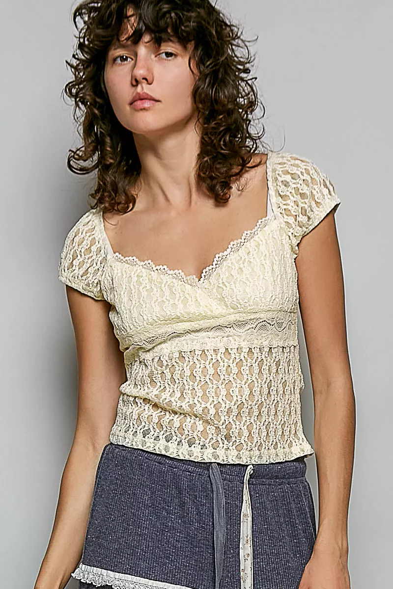 Sweetheart Neck Lace Short Sleeve Top, image 2