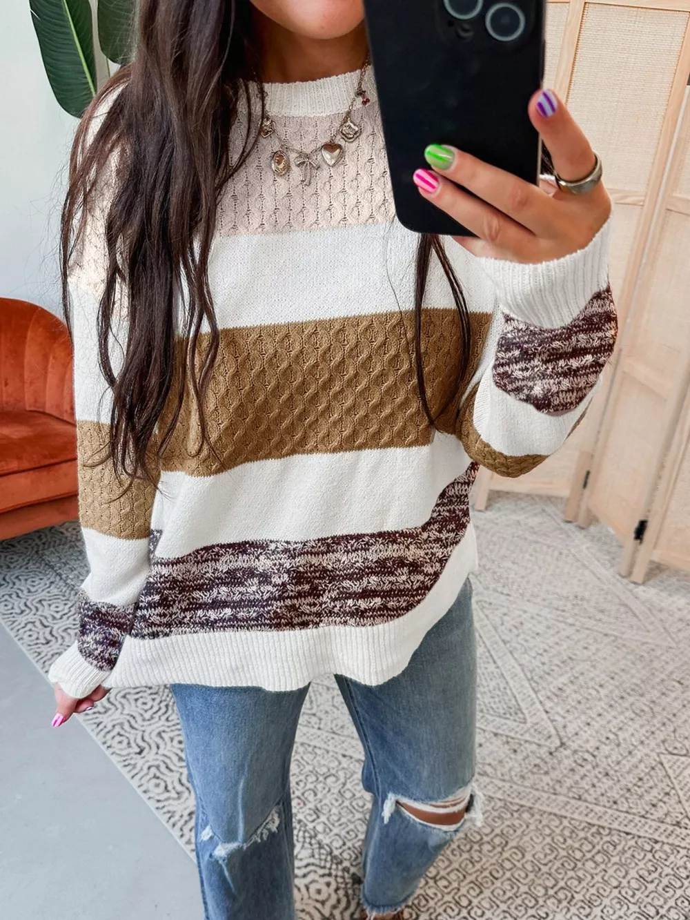 Mixed Texture Knit Striped Color Block Loose Sweater, image 5
