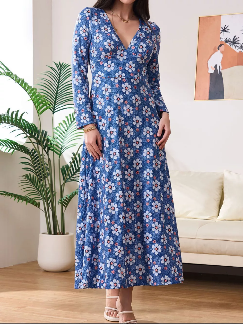 Floral Print V-Neck Long Sleeve Midi Dress, image 5