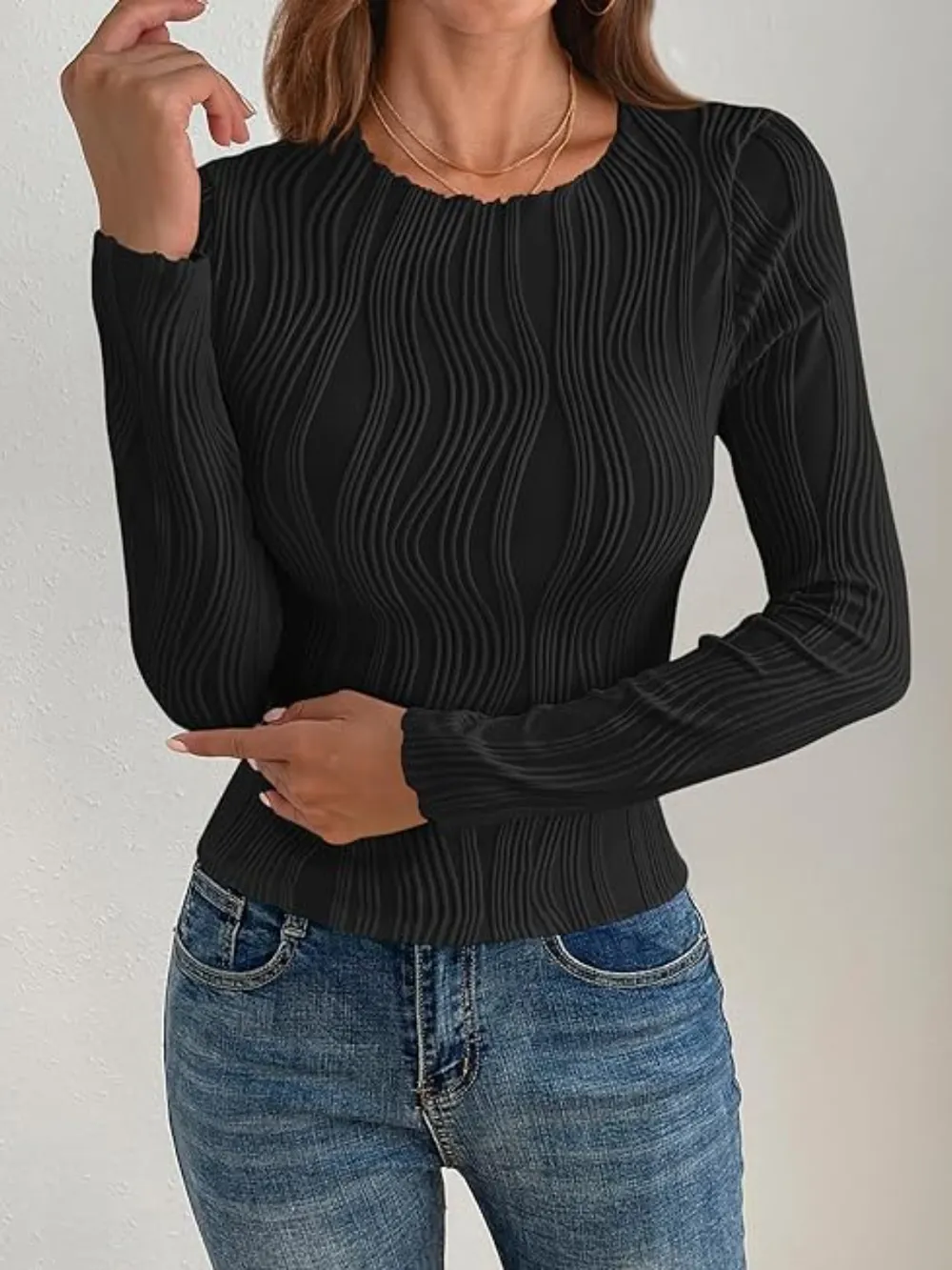 Textured Round Neck Long Sleeve Top, image 17