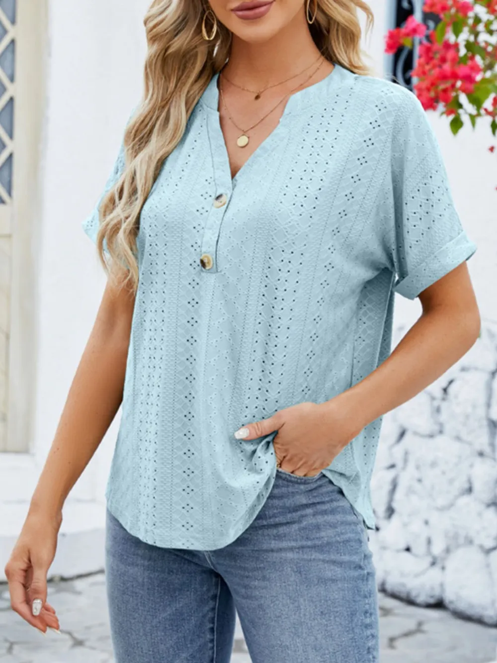 Eyelet Notched Short Sleeve Blouse, image 21