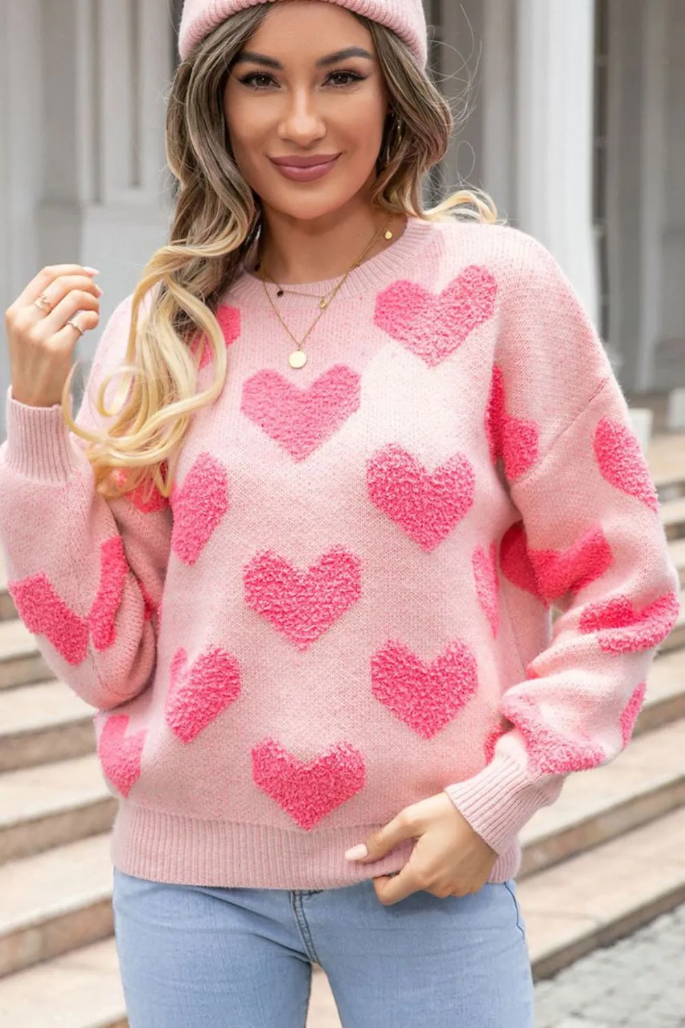 Valentine's Day Heart Jacquard Round Neck Sweater, image 12